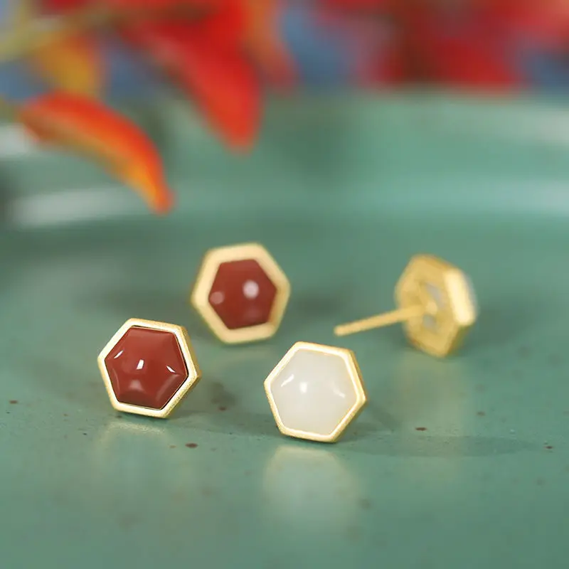 

Древнее золото, Южный красный турмалин, серьги в форме Шестиугольника, натуральный Хэтянь, нефрит, многоугольные деликатные женские ювелир...