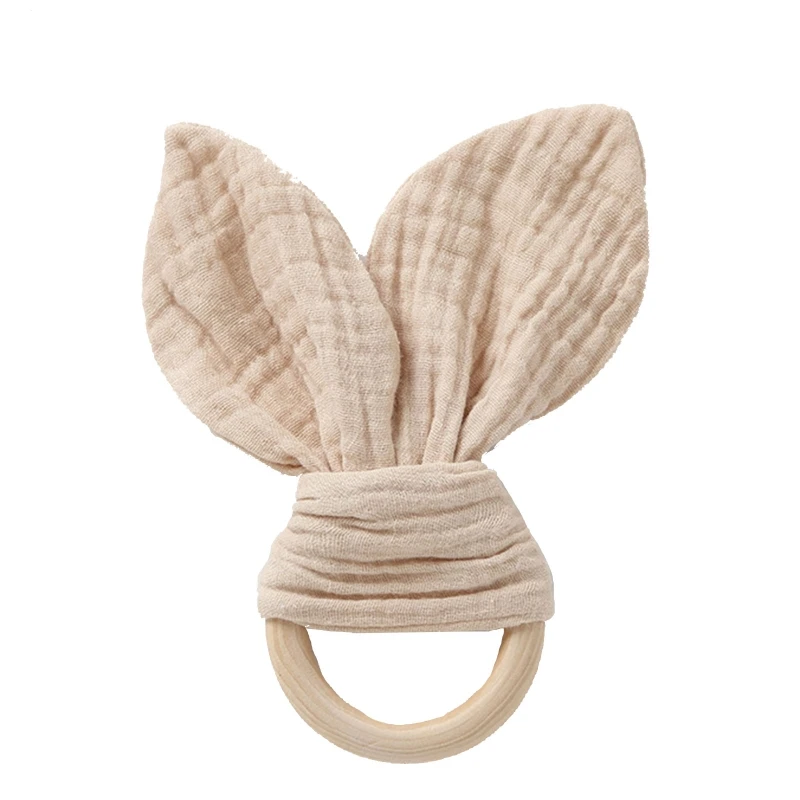 

Cute Baby Wooden Ring Teether Soft Cotton Rabbit Ear Comforting Toy Teething
