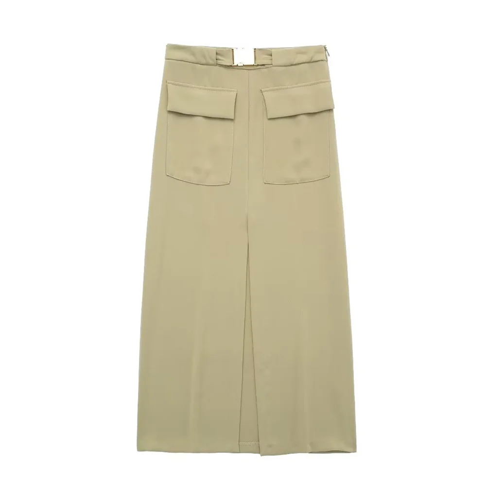 

UNIZERA 2023 Spring New Women's Clothes Solid Color Casual Loose Pocket Decoration Tooling Midi Skirt 9878097