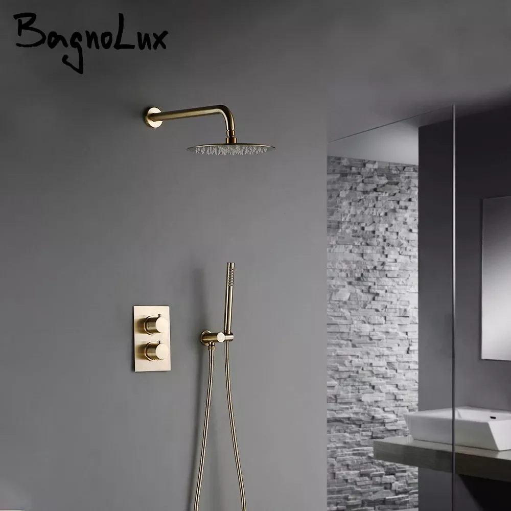 

Solid Brass Thermostatic Mixer Diverter Set Brushed Gold Bath Bathroom Shower Head Rianfall Luxury Combo Faucet Wall Mount Arm