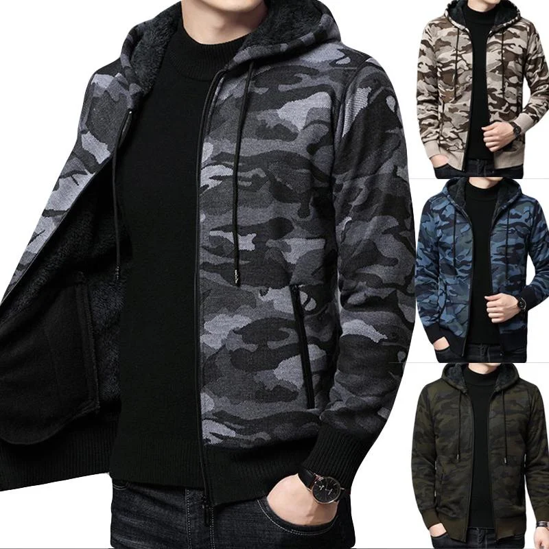 

New Autumn and Winter Men's Knitted Plush Coat Men's Camouflage Plush Fit Hooded Camouflage Cardigan