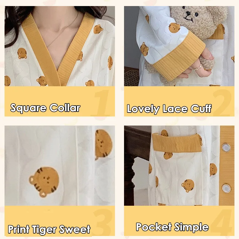 Yasuk Spring Autuum Fashion Women's Casual Sleepwear Homewear Lovely Sweet Girl Pajamas With Pants Soft Simple Tiger