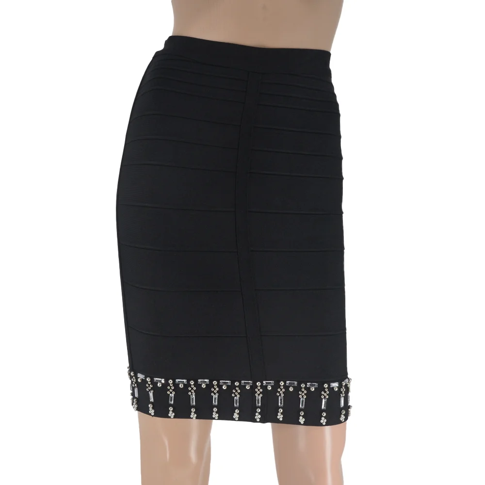 

Elegant Women Bandage Skirts New Fashion Stretch Beads Zipper Skirt Solid Color Casual Female Commuter High Waist Slim Fit Skirt