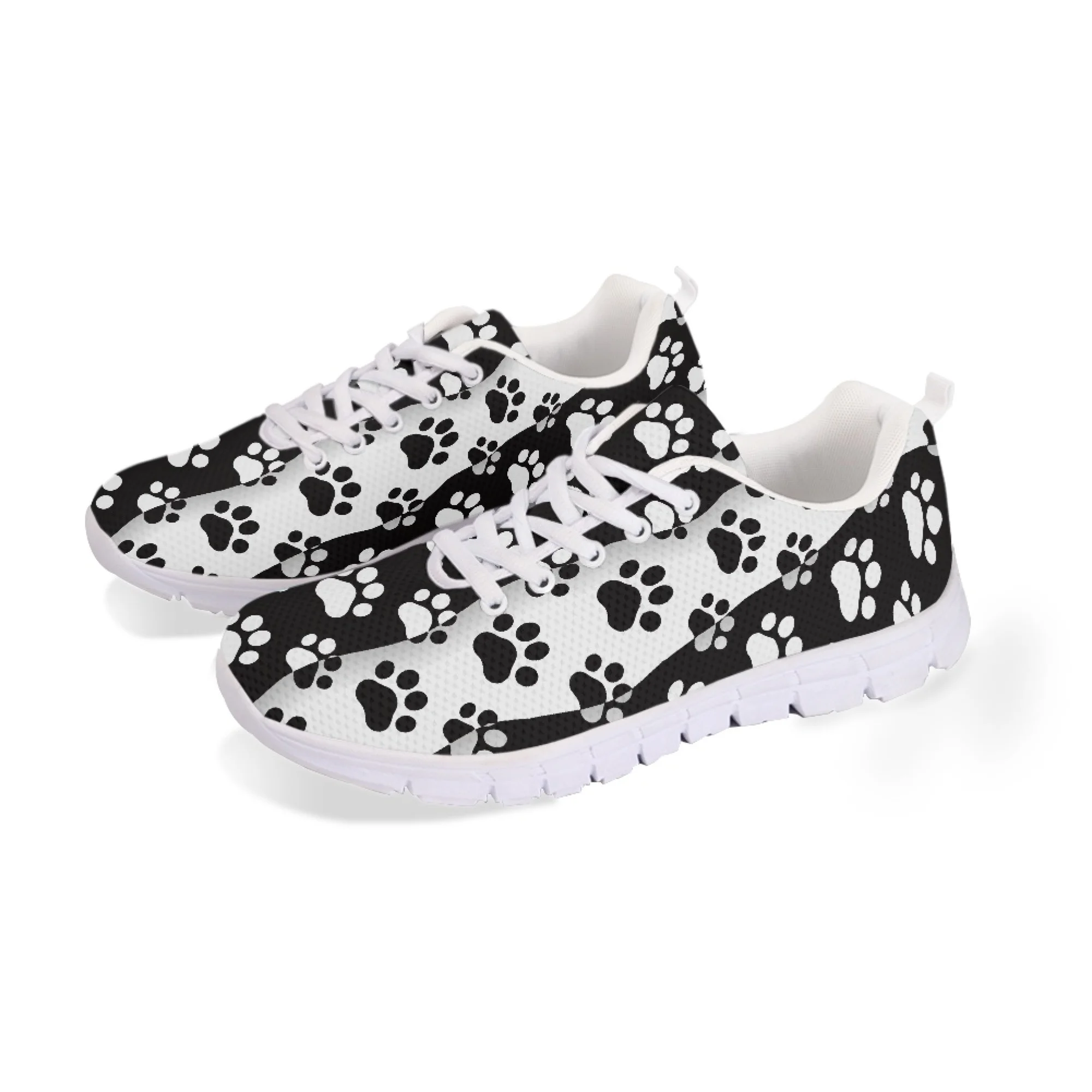 Yikeluo Fashion Black White Paw Printing Women's Sneakers Breathable Flat Shoes for Female Casual Lace Up Walk Shoes Lightweight