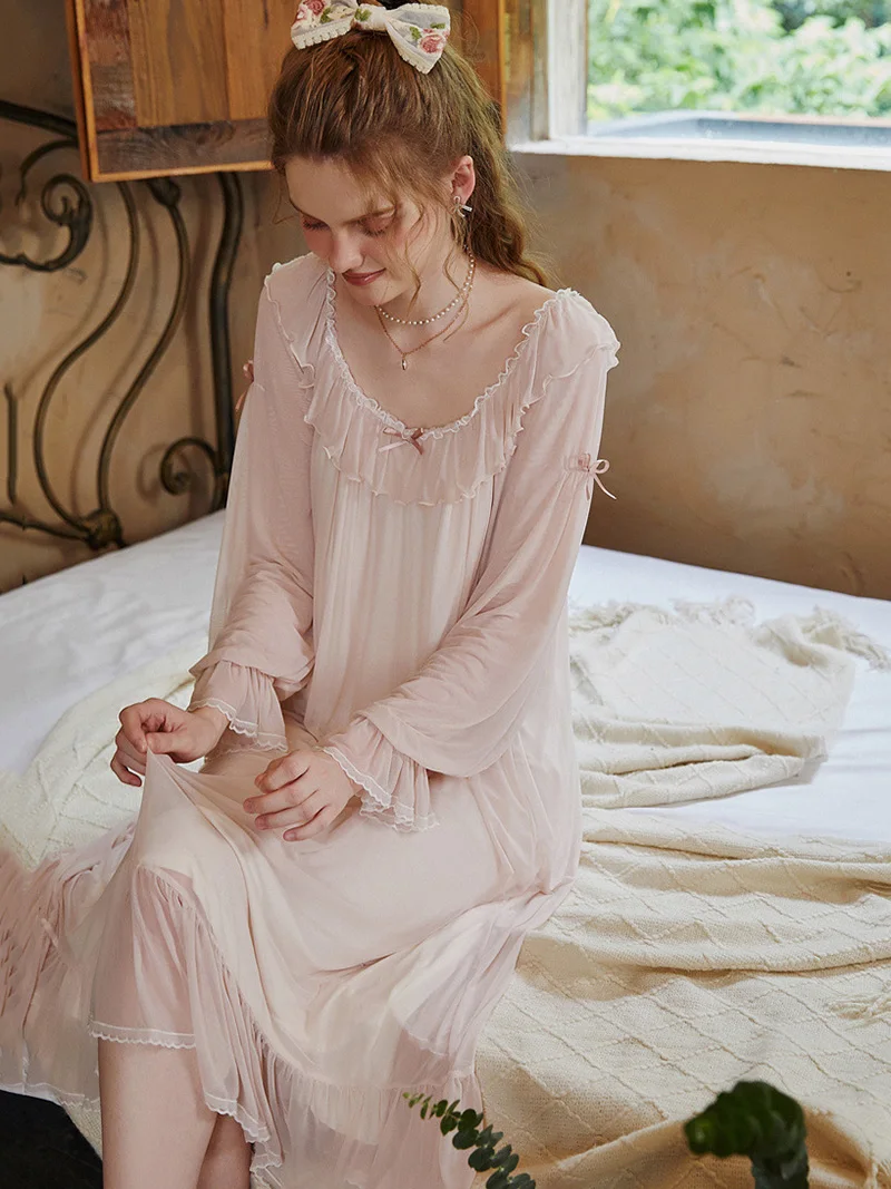 

Women French Autumn Mesh Fairy Nightgown Noble Romantic Victorian Sweet Loose Nightdress Vintage Princess Ruffles Sleepwear