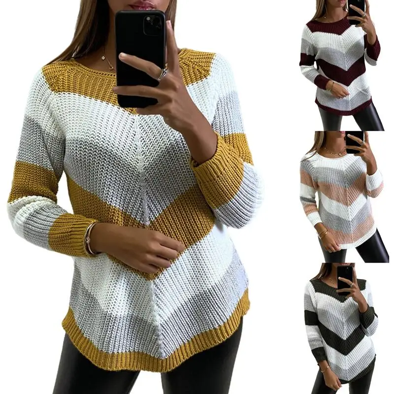 

Women's Korean Long Sleeve Sweater Fall/Winter O-neck Stripe Contrast Color Loose Casual Thick Wool Knitted Pullover