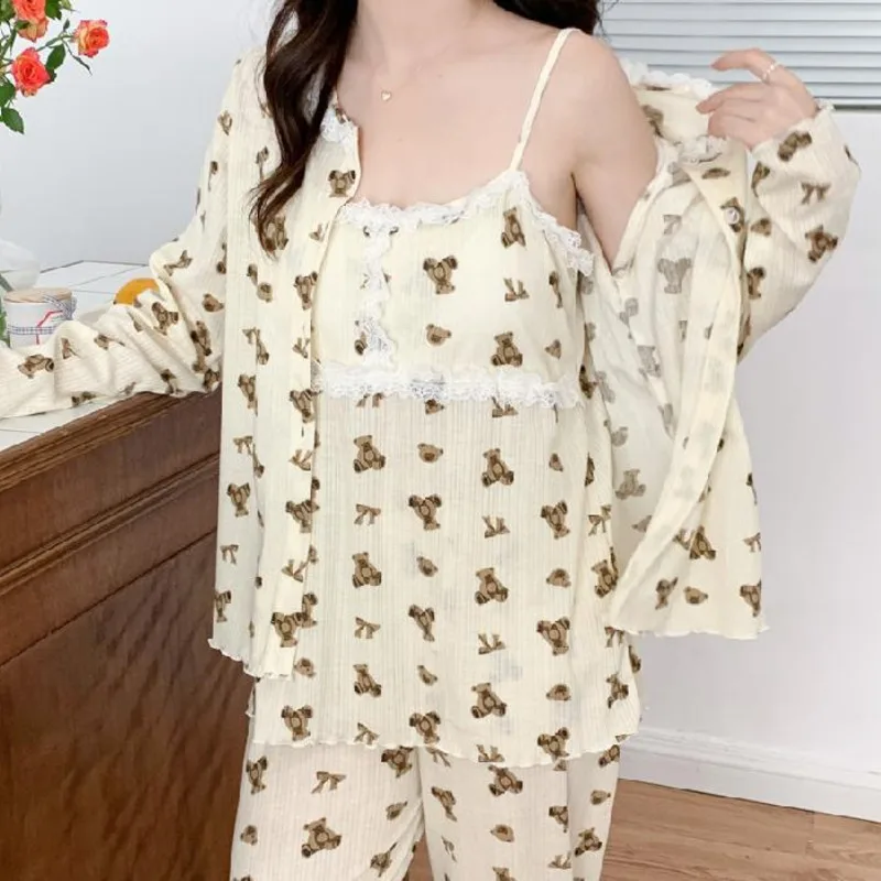 3pcs Pajamas Set Women Cotton Long Sleeve Floral Sleepwear Night Suit Cute Sweet Spring Autumn Print Home Wear Sleepwear Female