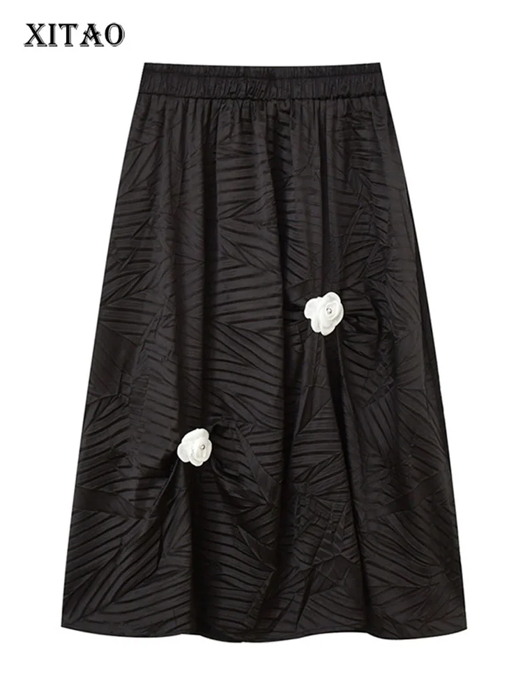

XITAO Floral Skirt Fashion Black Small Fresh Elastic Waist Goddess Fan Casual Style Loose Pleated 2022 Summer Skirt ZY7154