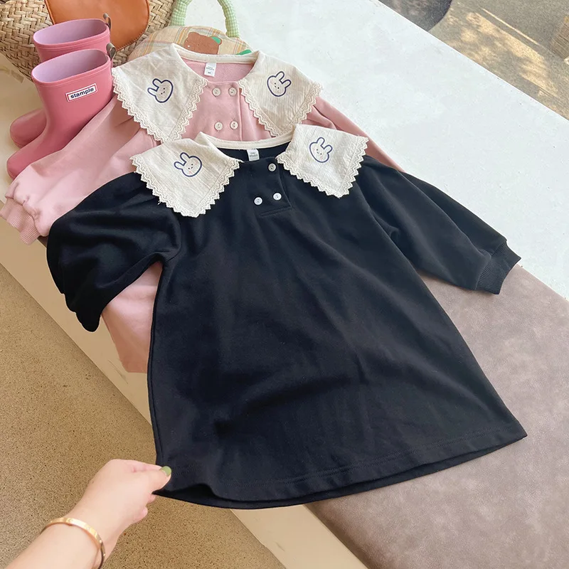 

2022 Autumn New Girl Toddler Cute Cartoon Rabbit Long Sleeve Party Dress Children Solid Loose Cotton Princess Dresses Outfits