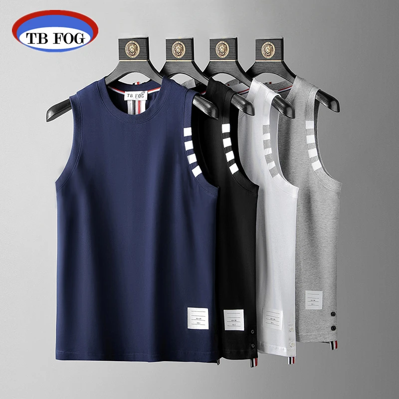 

TB FOG Thom Sleeveless T-shirt Fashion Summer Four Bar Stripe Ribbon Tops Casual Sports Cotton Basketball Tank Top Men Clothing
