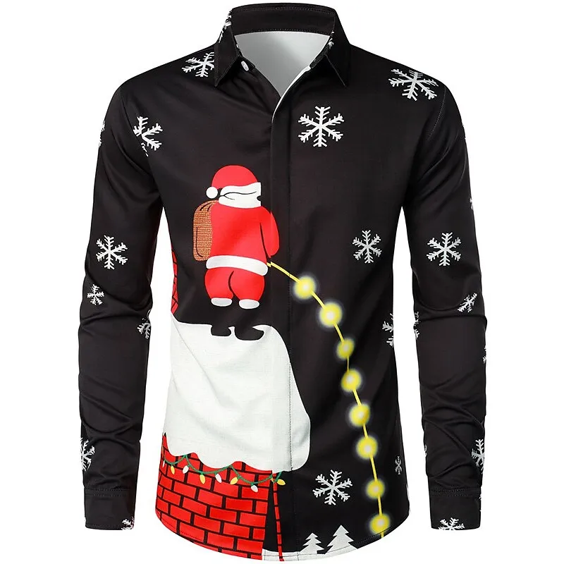 Funny Snowman Print Men Shirt New Year Party Style Cartoon Long-Sleeved Shirt Santa Claus Graphic T Shirts Fashion Cardigan Tops