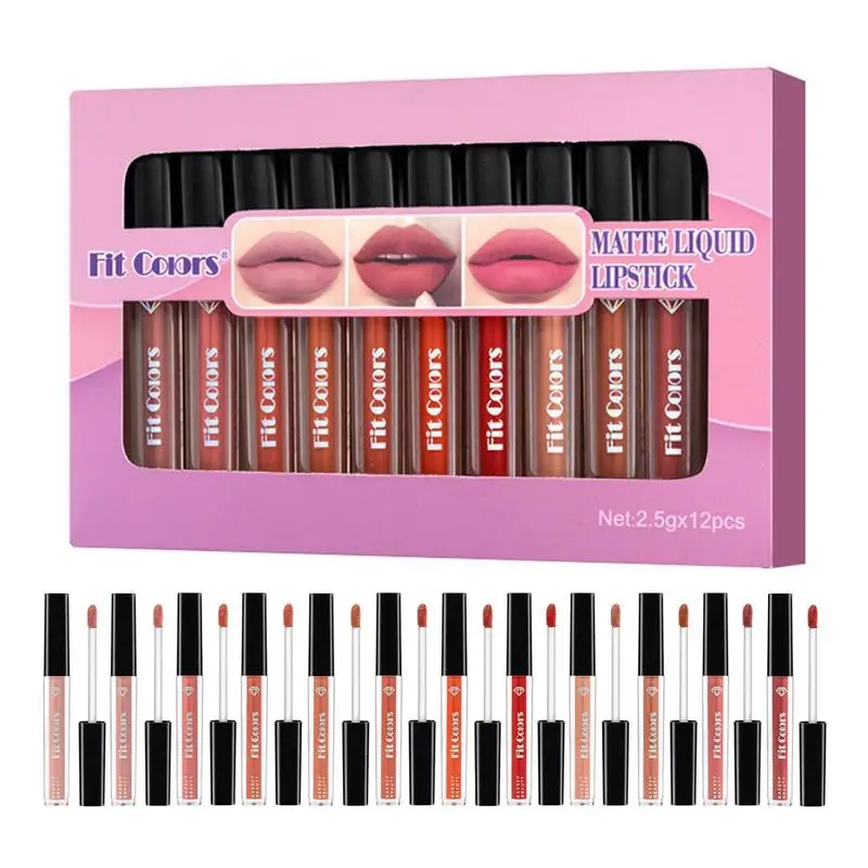 

12 Pieces Matte Liquid Lipstick Velvety Waterproof Long Lasting Nude Lip Gloss Set Makeup Set Non-Stick Cup Not Fade Lipstick