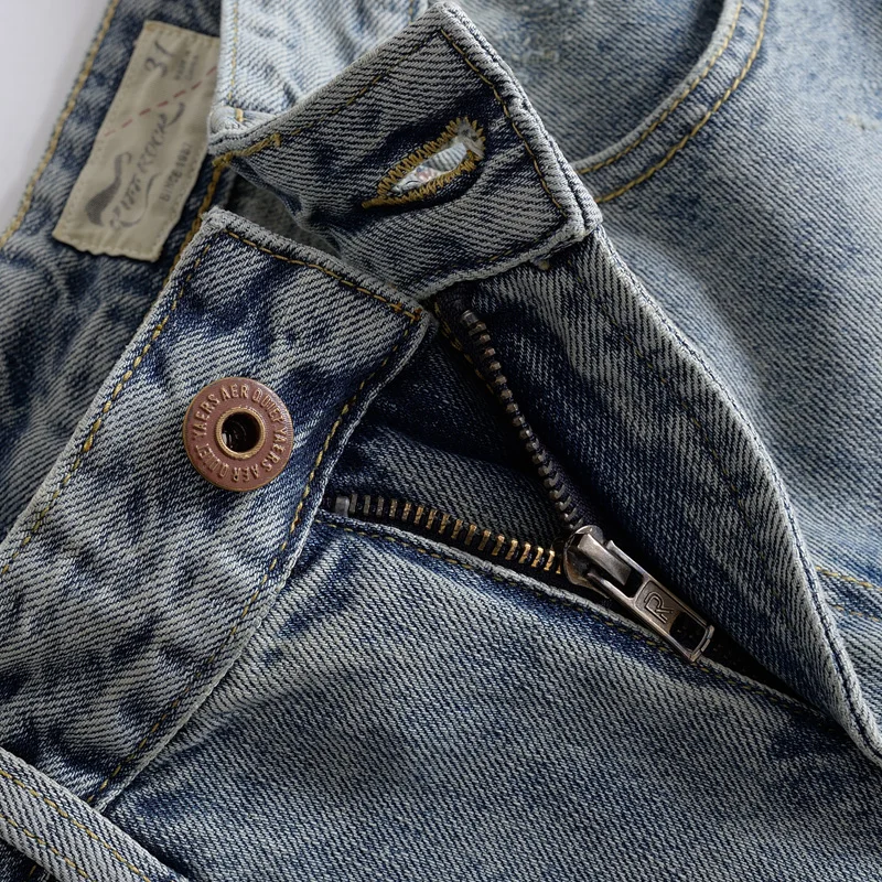 Heavy cotton straight leg jeans retro do old ground white American men's youth casual pants