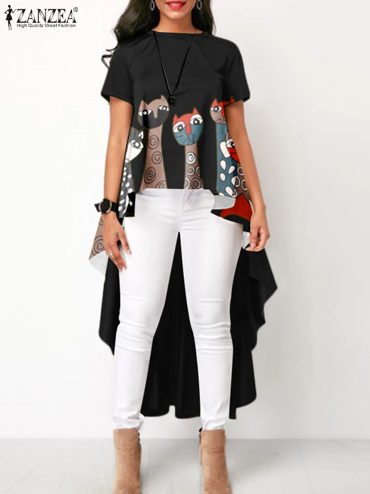 

ZANZEA Women Summer Short Sleeve High Low O Neck Tops Tee Cartoon Printed Blouse Fashion Button Up Irregular Pullovers Oversized