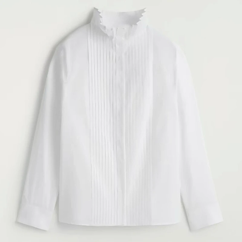 Фото Maxdutti Южнофранцузская модная хлопковая женская одежда: прямая рубашка, осенние женские блузки, плиссированная рубашка с воротником-чимни, белый топ №2