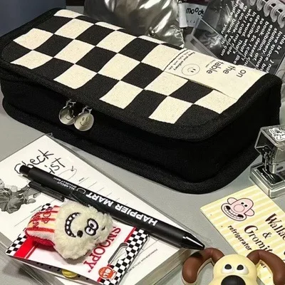 

Large Capacity Pencil Case Simple Checkerboard Lattice Pencil Bag Stationery Student Canvas Multifunctional Home Storage Bags