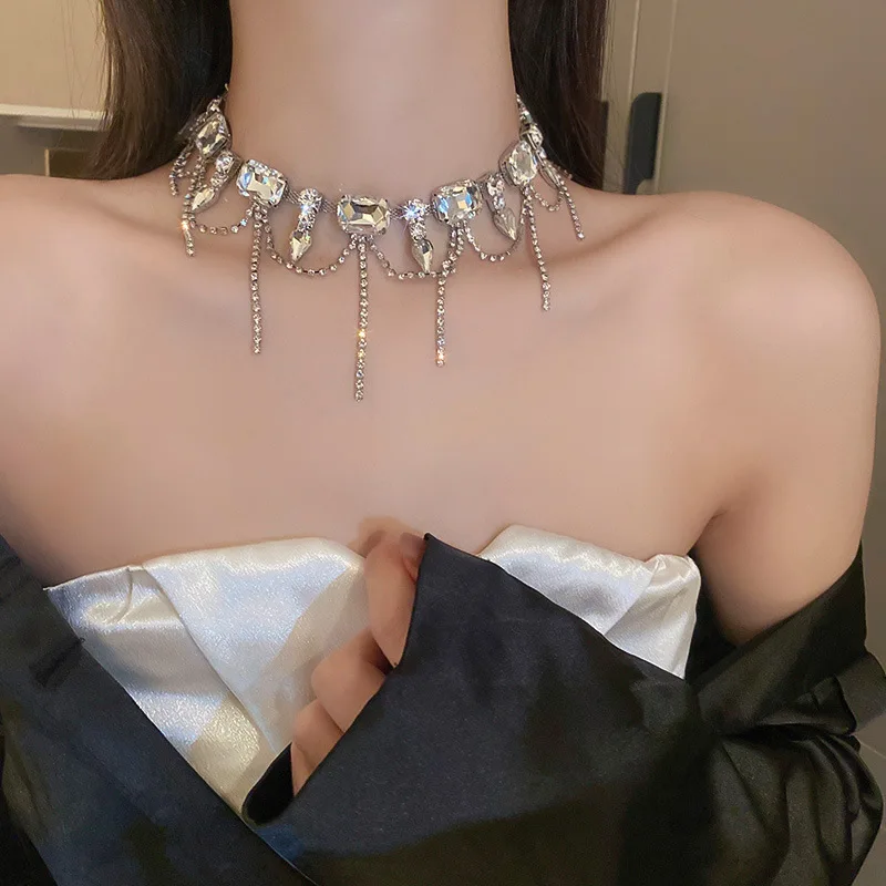 

New Drop Necklaces for Women 2022 Geometric Square Crystal Choker Long Tassel Clavicle Chain Necklaces Statements Jewelry Gifts