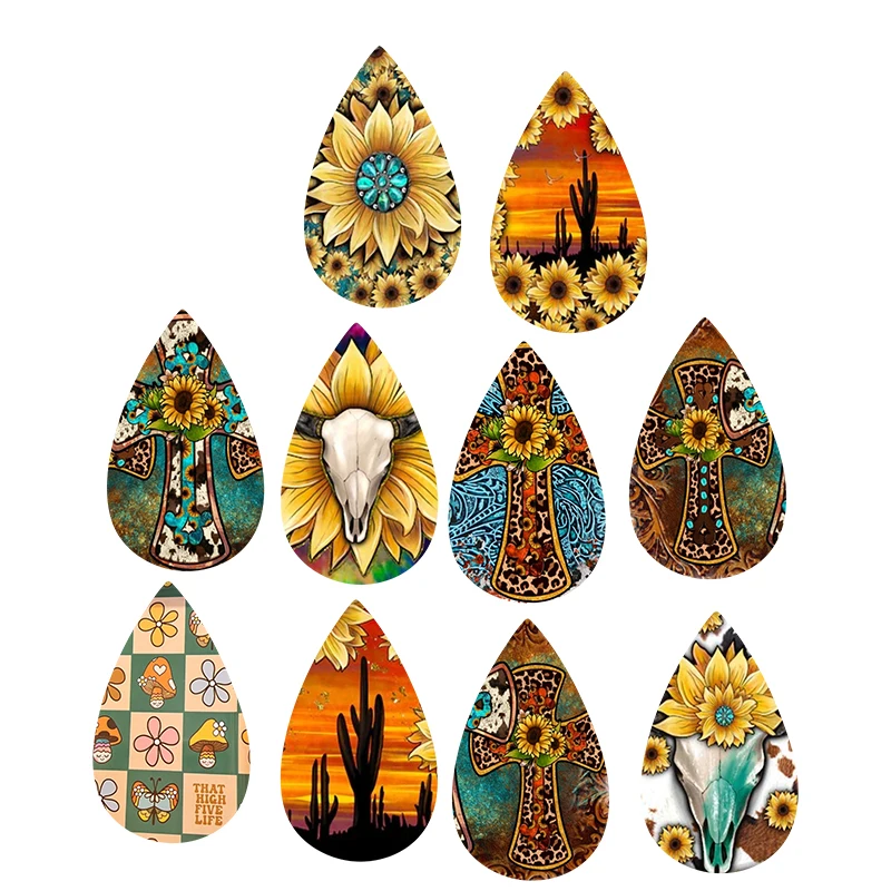 

cross sunflower cactus serape cow earrings western cowboy faux leather teardrop double side print 2022 new style