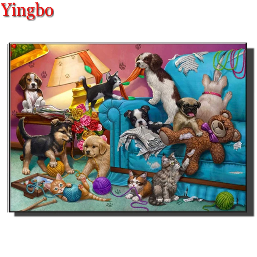 

Алмазная вышивка, милые щенки, играющие на диване, алмазная живопись, мозаика, полноразмерная, круглая, Набор для вышивки крестиком, ручная р...