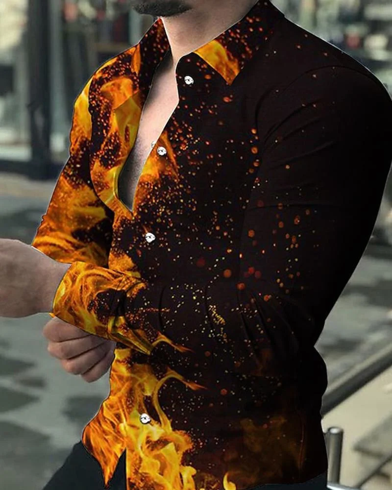 

2022 Autumn Shirt Men's Long Sleeve Shirt Retro Flame 3D Printing Button Lapel Shirt Designer Men's Party Holiday Shirt 6XL