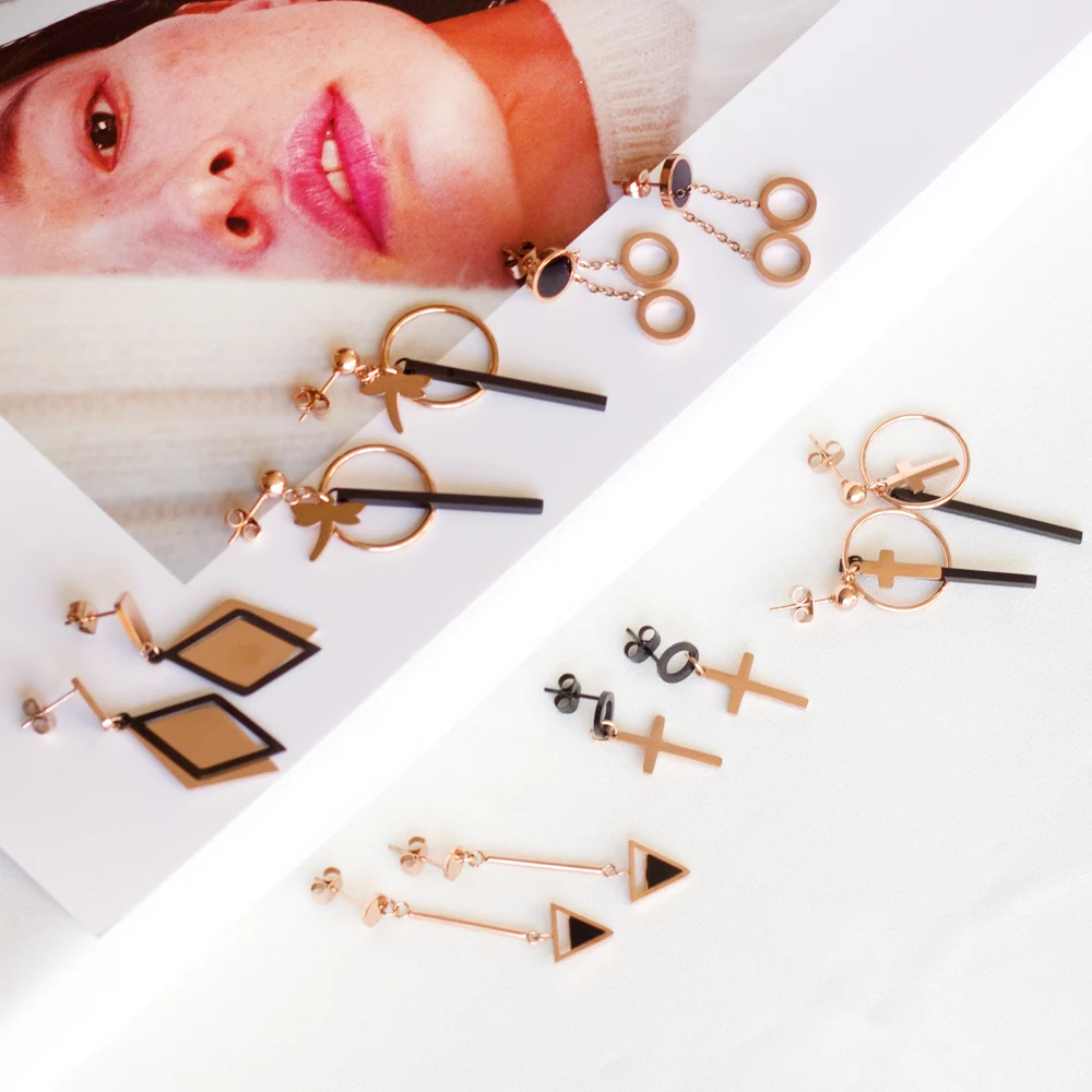 

Rose Gold Color Drop Pendients For Woman Punk Style Cross Dangle Earrings Fashion Designer Jewelry Star Black Geomertic Shell