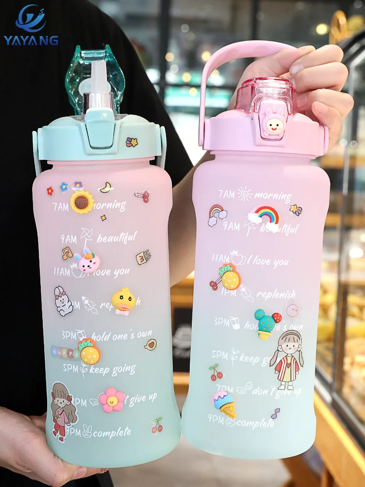 

2L Large Capacity Water Bottle Portable Travel Bottles Time Scale Reminder Frosted Leakproof Cup with Straw Sport Fitness Jug