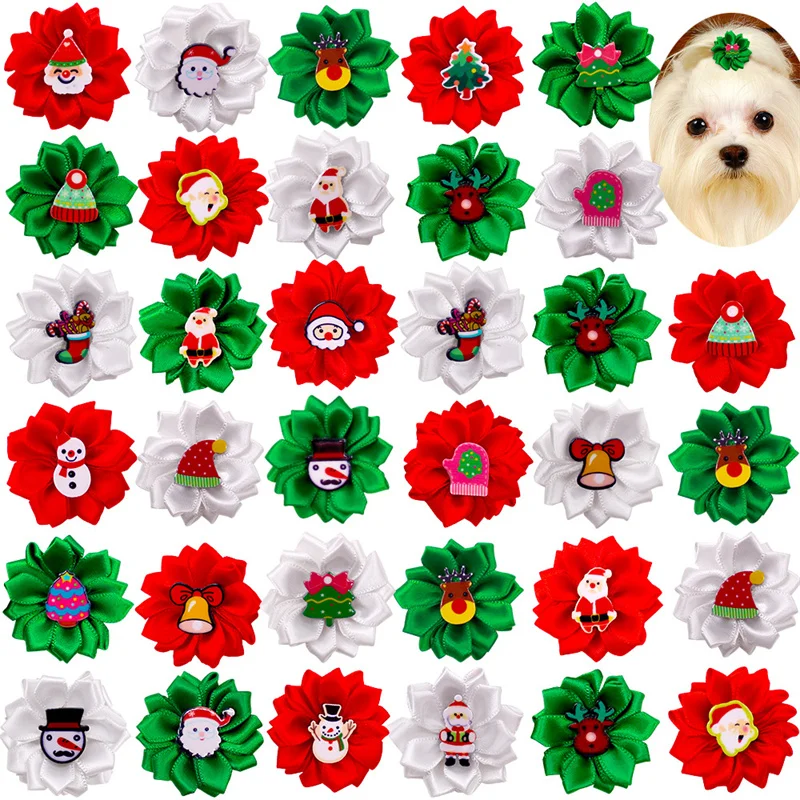 

10 Pcs Christmas Pet Bows Dog Hair Accessories Holiday Party Dogs Bows Hair Dog Grooming Bows for Small Dog Pet Supplies
