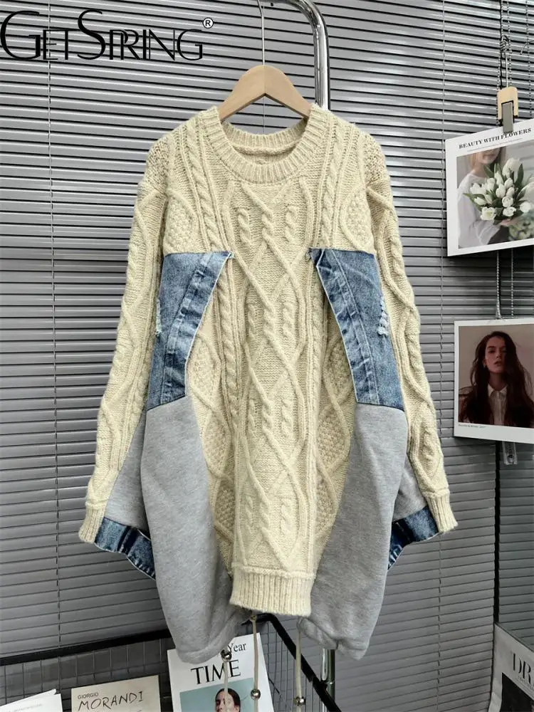 

GetSpring Women Sweater Denim Stitched Irregular Knitted Sweater All Match Pullovers Loose Long Autumn Winter Tops 2022 Fashion