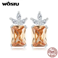 wostu real 925 sterling silver women pineapple earrings rectangle champagne crystal stud earring wedding jewelry girl party gift
