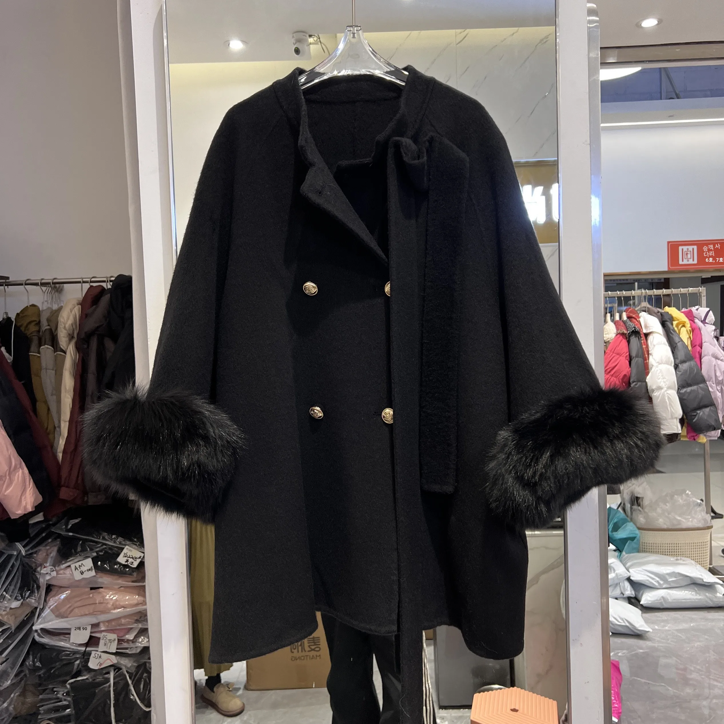 Осень-зима 2024 новая шерстяная накидка с большим меховым воротником пальто