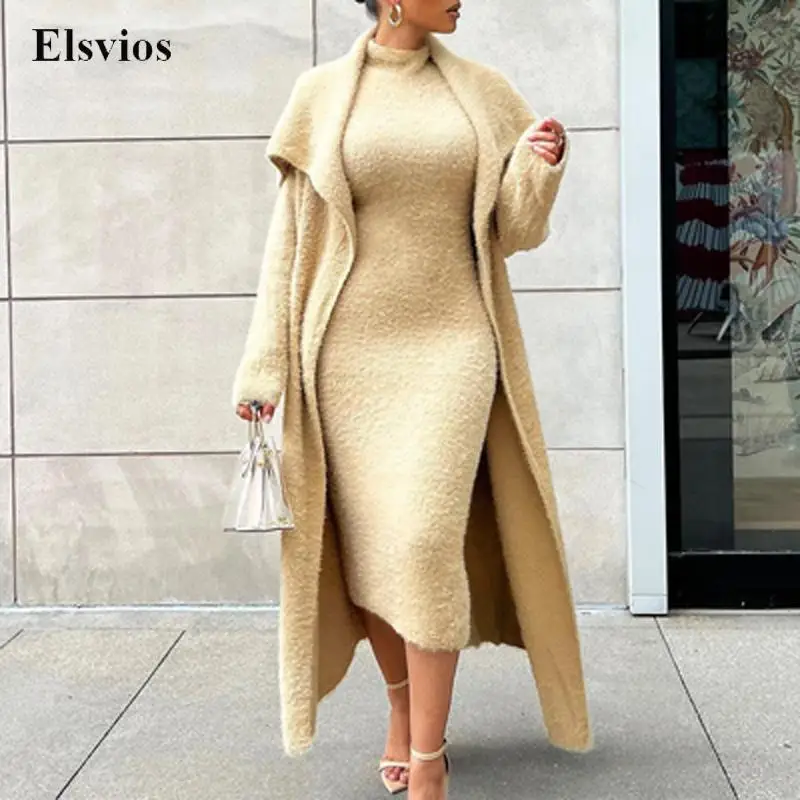 

Autumn Winter Fashion Dress Outfits Women Two Piece Loose Cardigan Set Fashion Long Sleeve Fleece Bodycon Dress + Belt Coat Suit