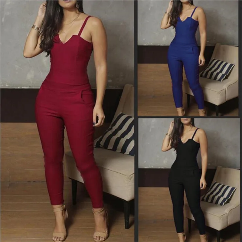 

Ladies Jumpsuit Sexy Spaghetti Straps Sleeveless Jumpsuit Women Slim V-Neck Solid Color Casual Jumpsuit Summer New 2021