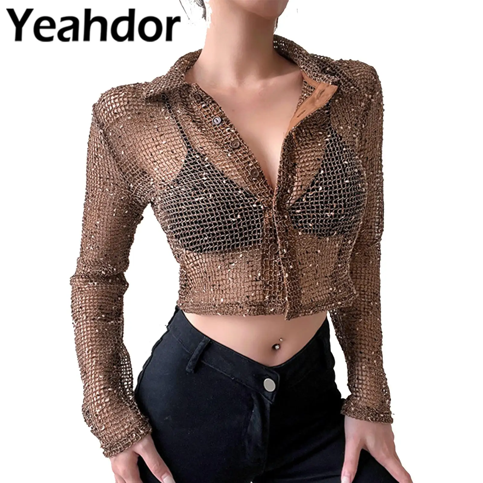 

Женский прозрачный укороченный топ с вырезами, модная рубашка с отложным воротником и длинным рукавом, на пуговицах, летние костюмы