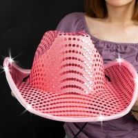 new led sequins pink cowgirl hat western costume cowboy hat shiny performance dance rolled brim cap cowboy hat for holiday party