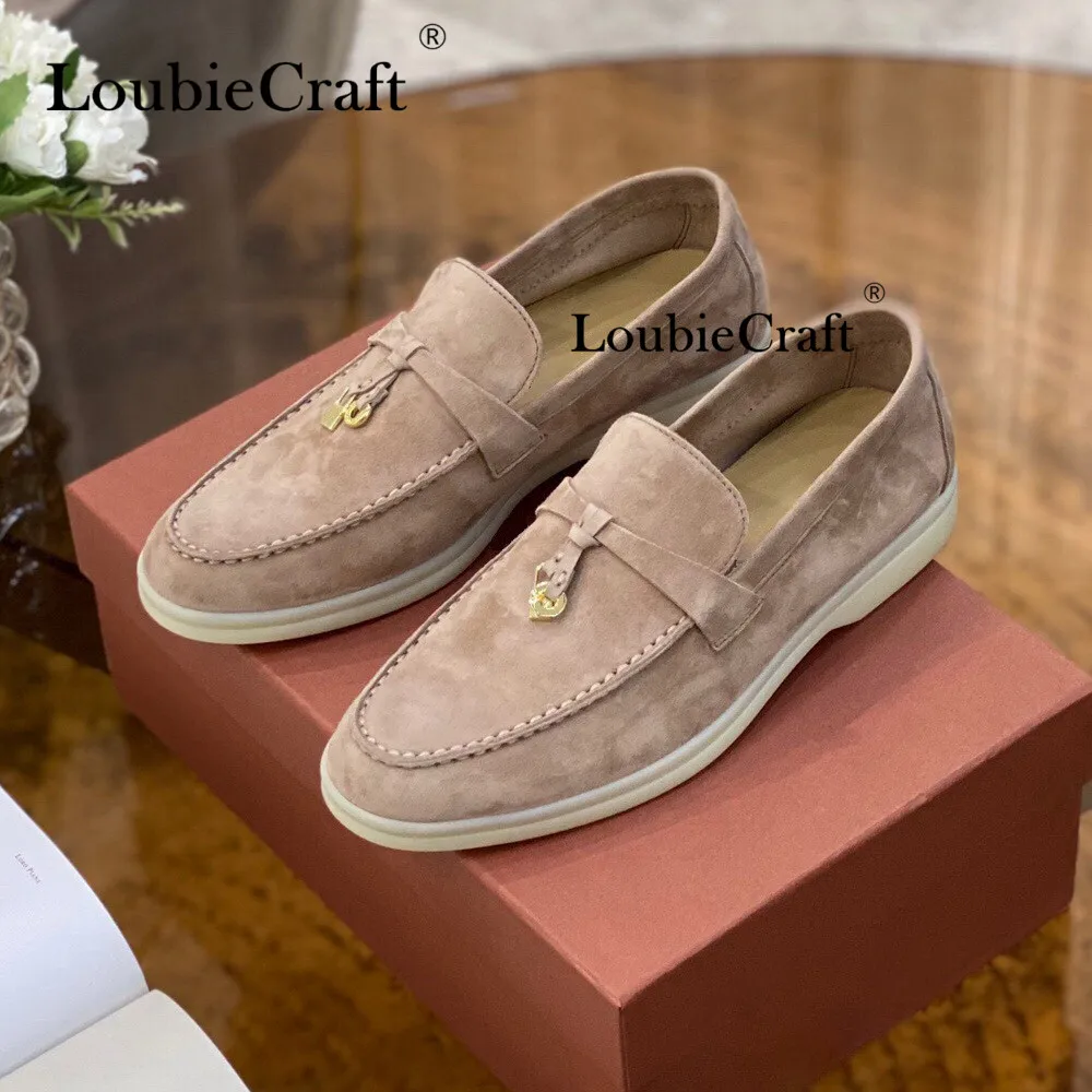 

Summer Walk Shoes Women Loafers Khaki Suede Causal Moccasin Genuine Leather Soft Sole Metal Lock Fittings Flat Shoes Mules Beige