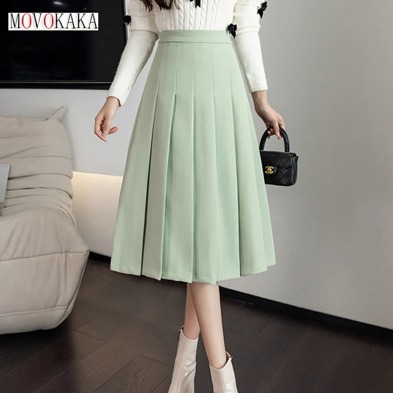

WAYOFLOVE Ladies All Season Green Pleated Mid Skirts High Waist Solid Office Casual Skirt Women Elegant Slim Vintage Skirt Woman