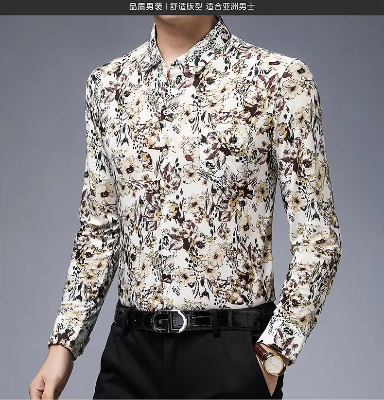Spring and Autumn New Ice Silk Men's Long-Sleeved Silky Shirt Printed Long-Sleeved Printed Shirt Men's Shirt Button up Shirt