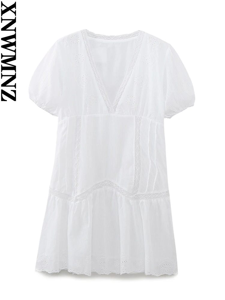 

XNWMNZ 2023 Women's Fashion Cutwork Embroidery Short dress Women Vintage V-neck Short Sleeve Casual Versatile Female Dresses