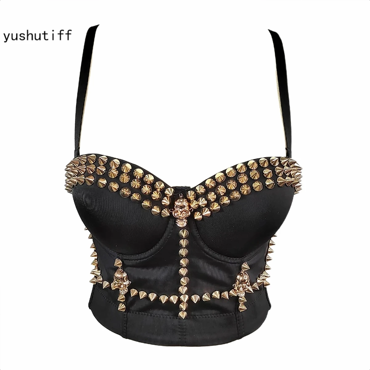 

Summer 2022 Sexy Female Corset With Cup Rivet Nightclub Party Crop Top Short Women Camis In Bra Cropped Push Up Breast YH8272