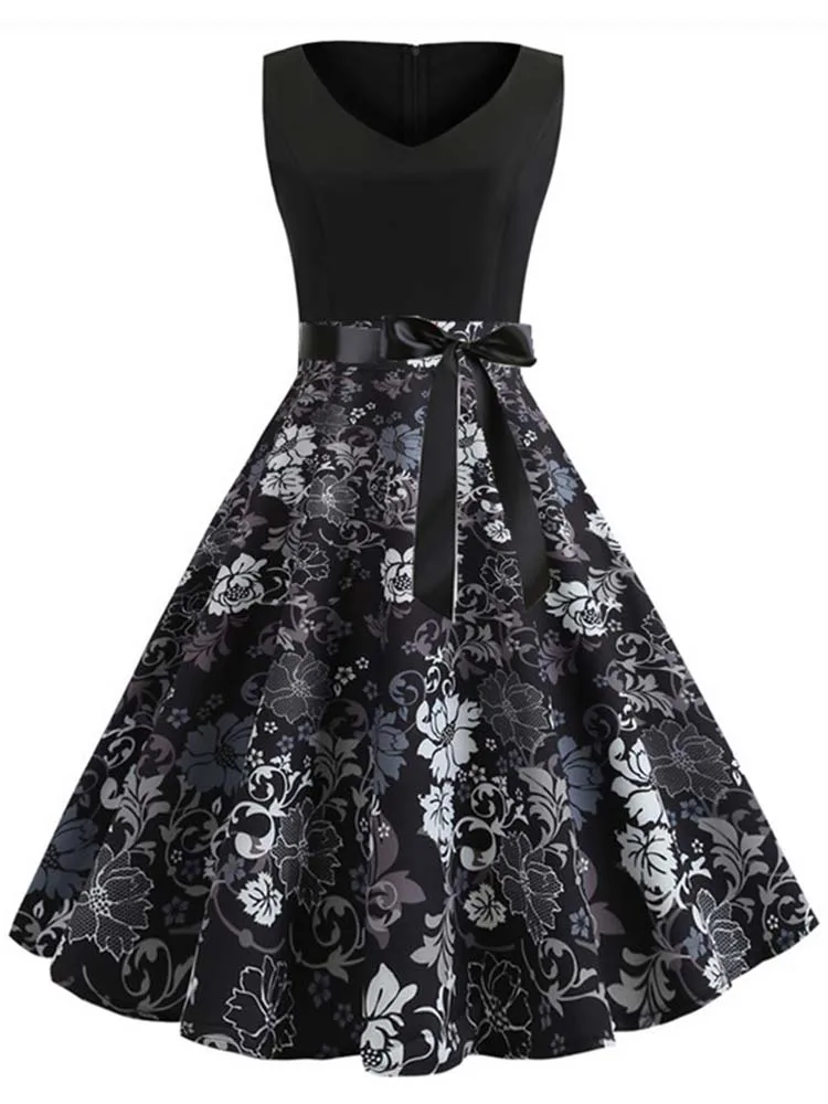 Фото Платье женское винтажное вечернее с цветочным принтом, элегантный черный пикантный Ретро сарафан без рукавов, размера плюс №4