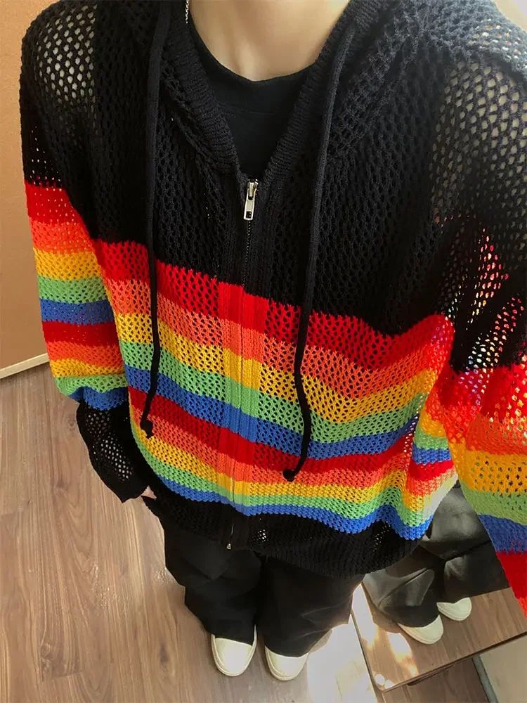 Harajuku Y2k вязаные кардиганы женские прозрачные негабаритные полосатые крючком