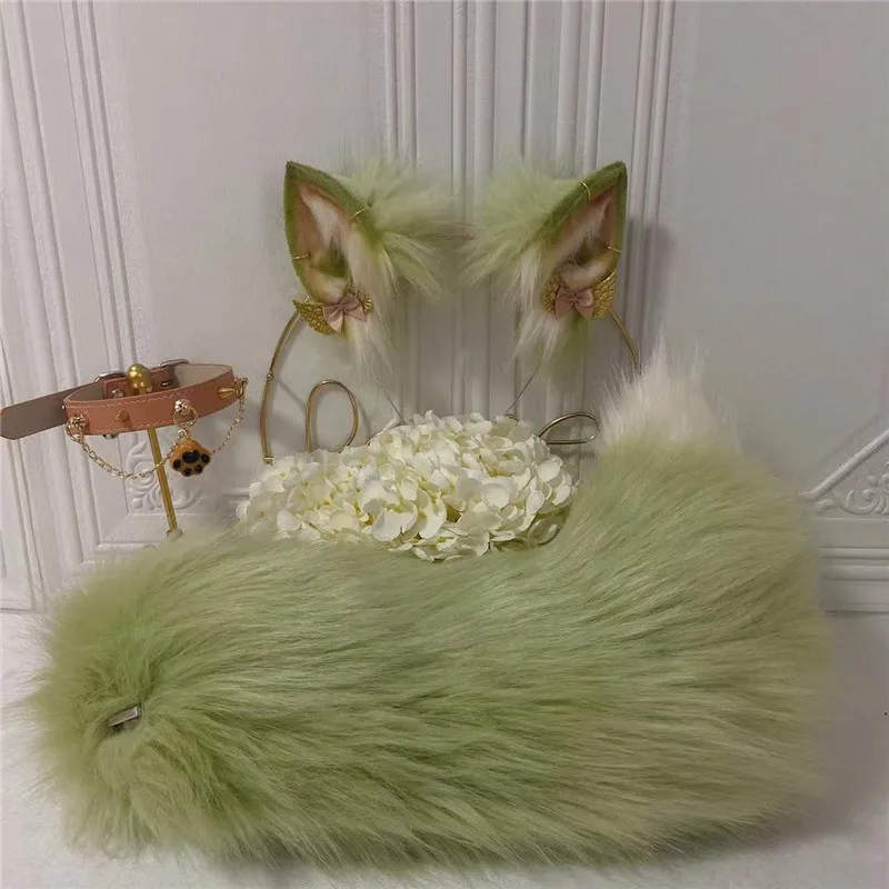 

Simulation Green Matcha Small Milk Fox Ears Hairhoop Tail Earrings Necklace Animal Wolf Cosplay Headwear Costume Accessories