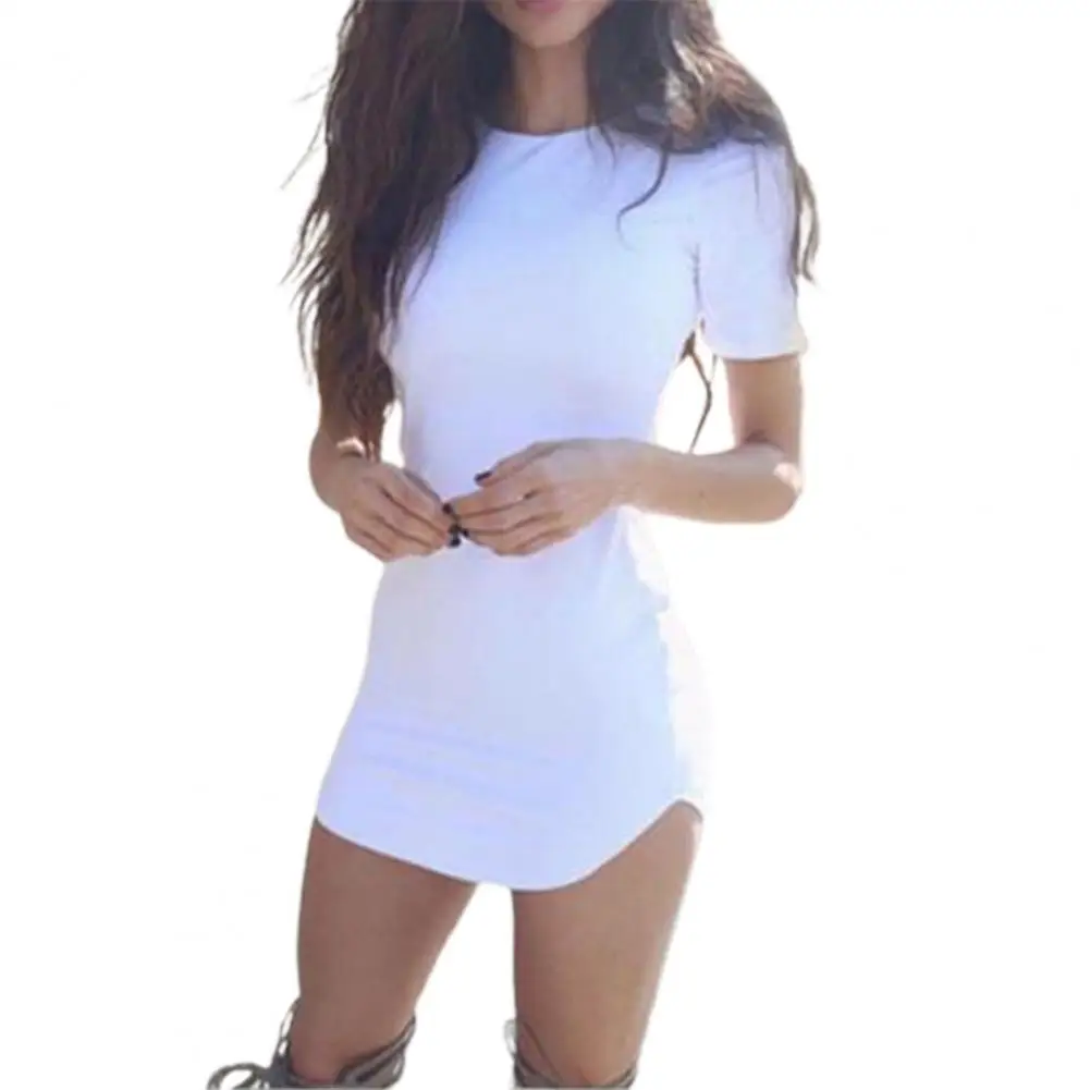 

Women's Dress Summer Sexy Solid Color O-Neck Short Sleeve Arc Hem Bodycon Dress Mini Tight-Fitting Hip Wrap Dresses Streetwear