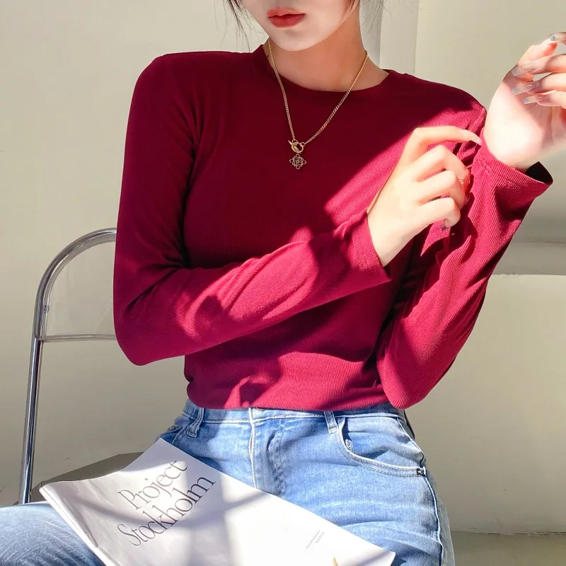 

Women T Shirt 2022 Spring Autumn O-neck Long Sleeve Bottoming Shirt Soft Cotton Korean Fashion T-shirts Basic Slim Fit Tops