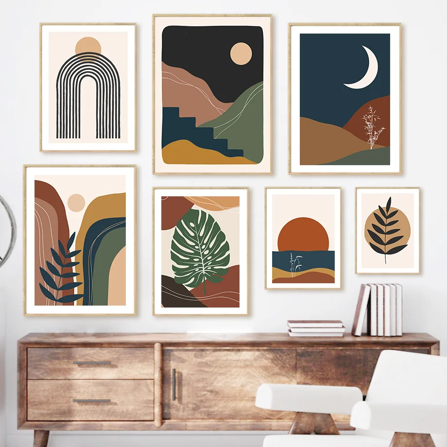 

Mountain Sun Moon Monstera Abstract Landscape Art Canvas Painting Nordic Posters And Prints Wall Pictures For Living Room Decor