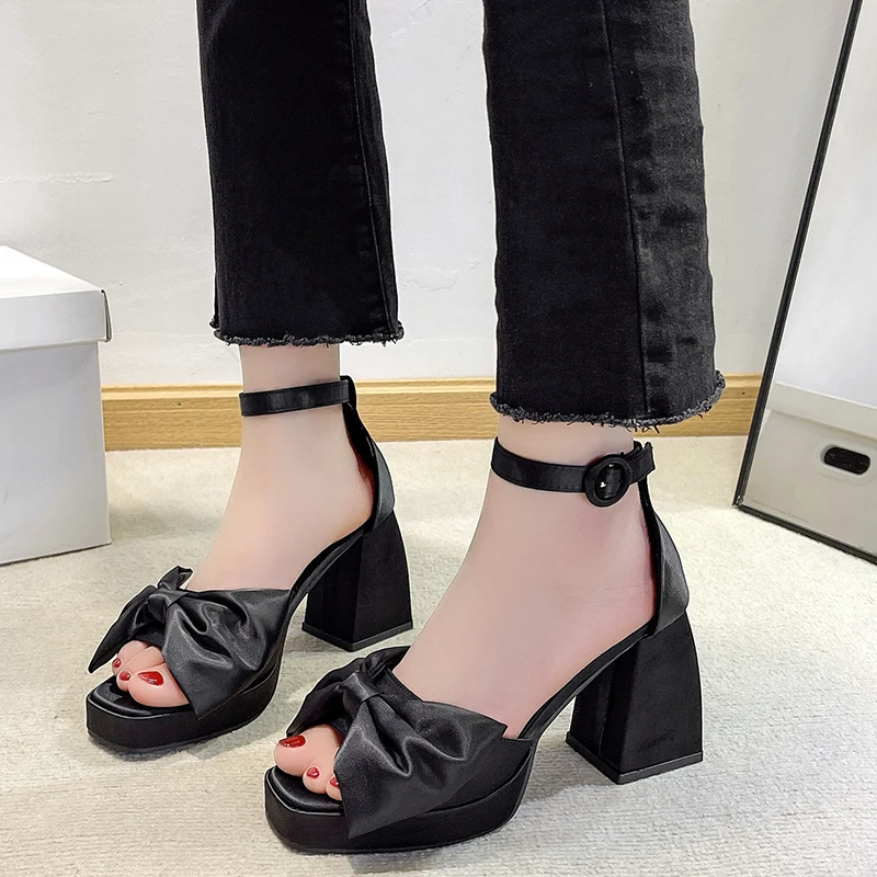 

Ladies Shoes 2023 Brand Buckle Strap Women's Sandals Summer Square Toe Office and Career Fashion Butterfly-knot Heeled Sandals