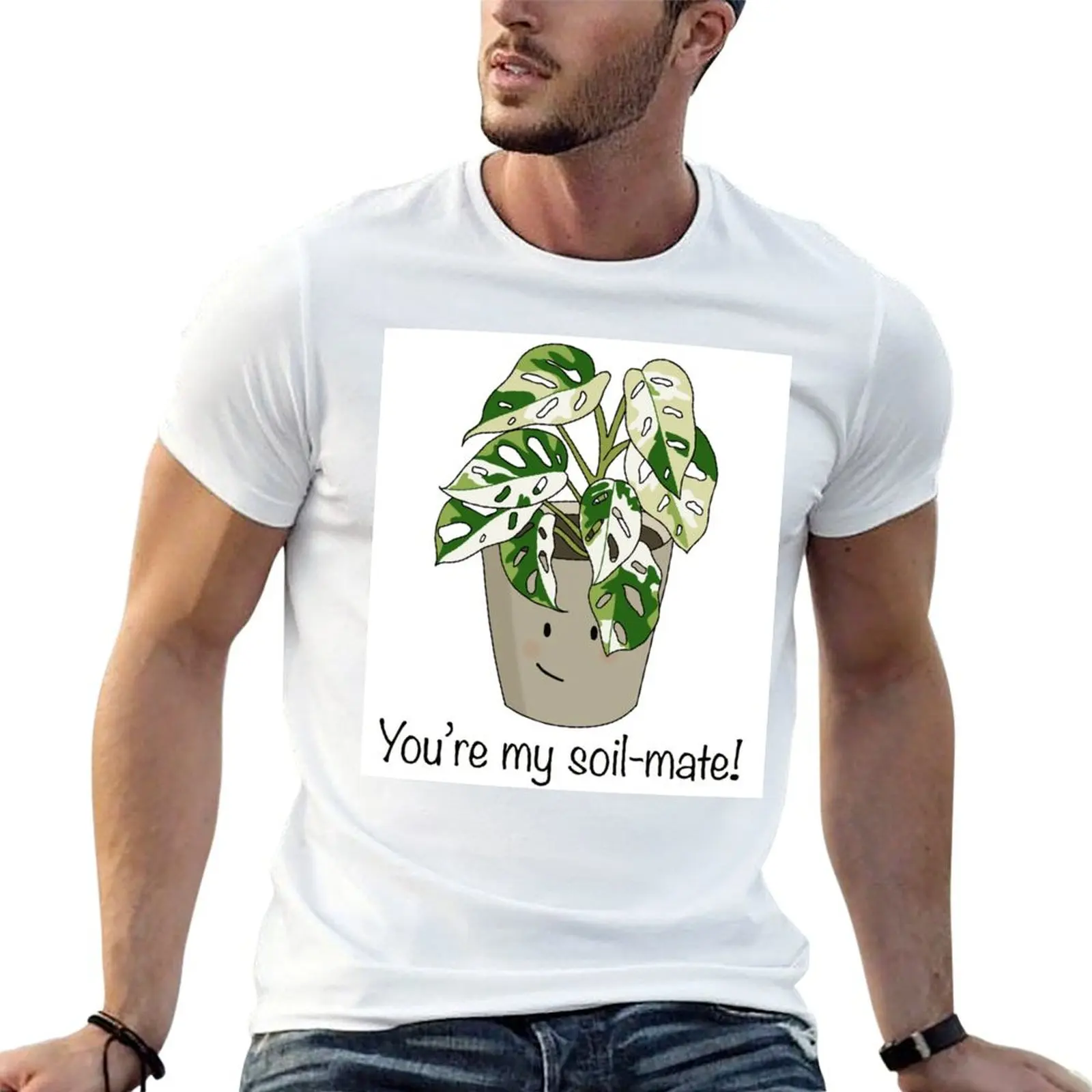 Фото Футболка Monstera Deliciosa Variegata (белая монстера) из хлопка, однотонная, с короткими рукавами №1
