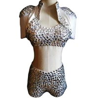 shining full diamonds women white tops shorts belly dance outfits evening party birthday celebrate costumes singer stage wear