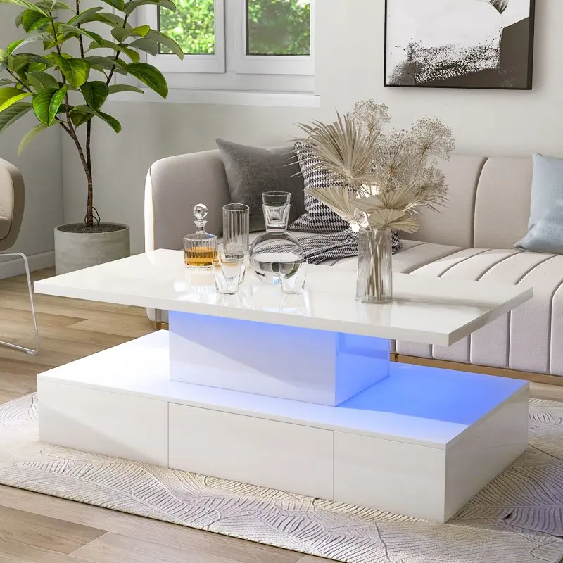 

Table with Drawer - 2-Tier LED Light Cocktail Table for Living Room - White