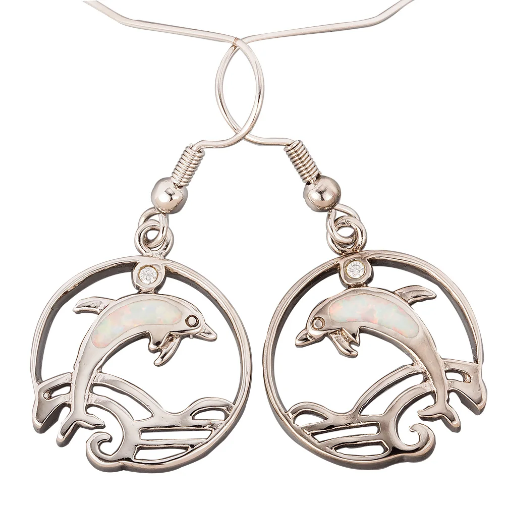 

KONGMOON Дельфин Белый огненный опал посеребренные ювелирные изделия для женщин висячие серьги